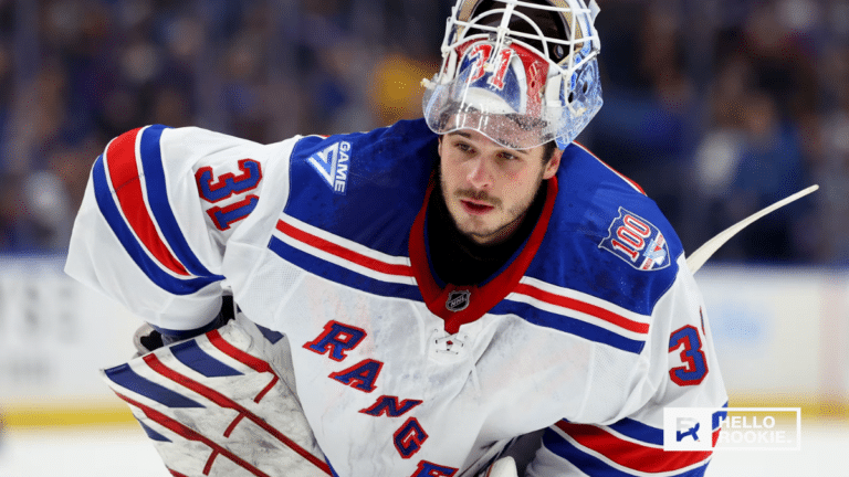 Igor Shesterkin guards the net for the New York Rangers against the Toronto Maple Leafs at Scotiabank Arena.
