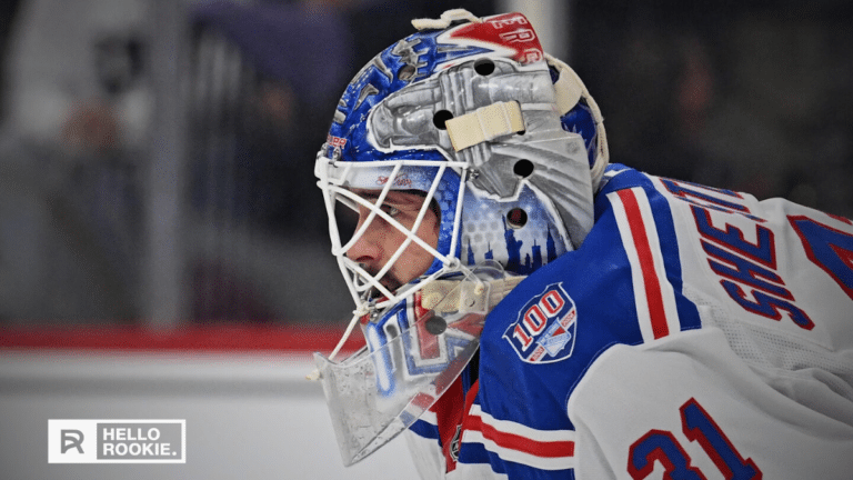 Igor Shesterkin guards the net for the New York Rangers as they host the Los Angeles Kings at Madison Square Garden.