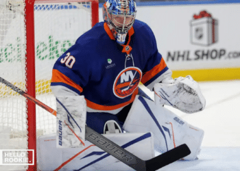 Ilya Sorokin guards the net for the New York Islanders against the Ottawa Senators at Canadian Tire Centre.