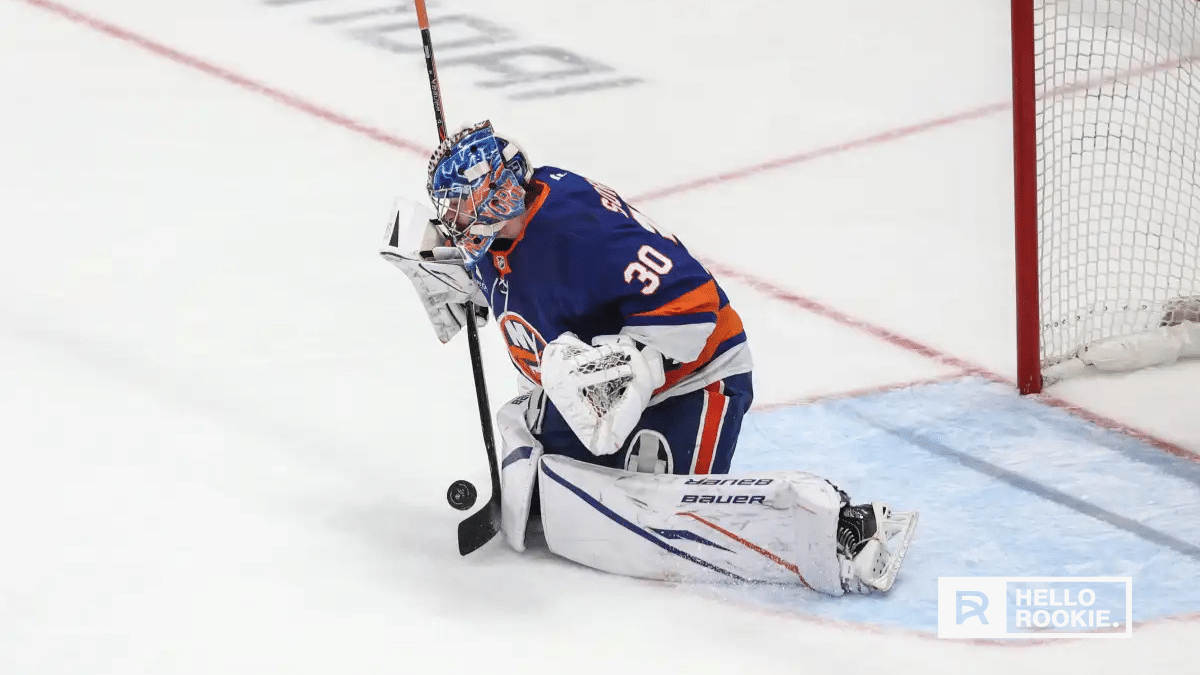 Ilya Sorokin guards the net for the New York Islanders against the Pittsburgh Penguins at UBS Arena