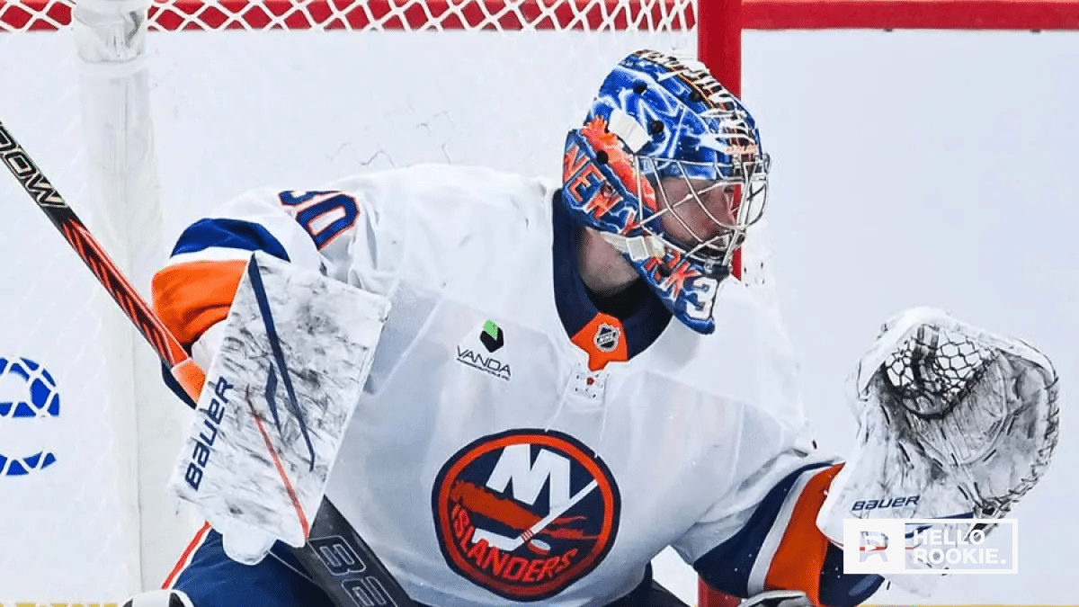 Ilya Sorokin guards the net for the New York Islanders at UBS Arena against the Florida Panthers.