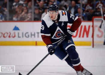 Nathan MacKinnon of the Colorado Avalanche controls the puck during an NHL game as his Hart Trophy campaign heats up.