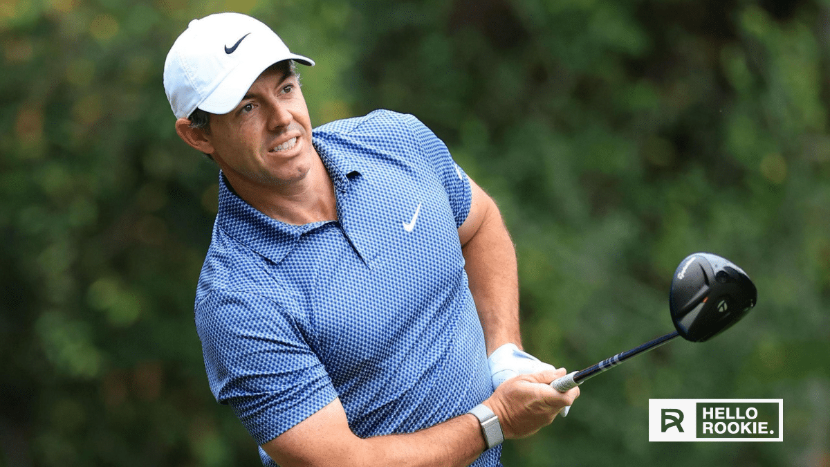 Rory McIlroy unleashes a powerful drive off the tee at Augusta National during the Masters Tournament.