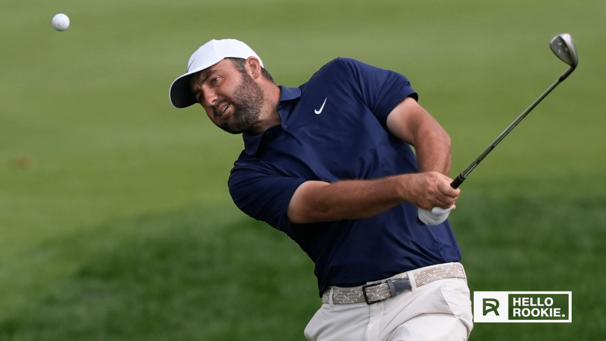 Scottie Scheffler lines up a shot at Augusta National during the 2026 Masters Tournament