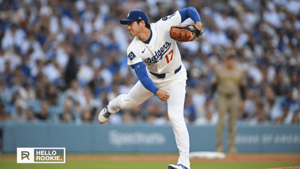 Shohei Ohtani of the Los Angeles Dodgers watches the ball after a powerful swing during an MLB game.