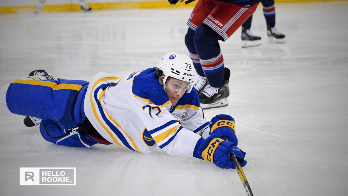 Tage Thompson of the Buffalo Sabres attacks the Detroit Red Wings defense at KeyBank Center.