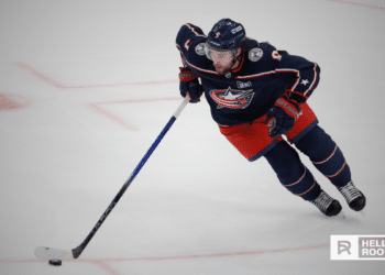 Zach Werenski of the Columbus Blue Jackets handles the puck from the blue line against the Los Angeles Kings.