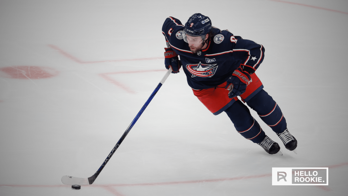 Zach Werenski of the Columbus Blue Jackets handles the puck from the blue line against the Los Angeles Kings.