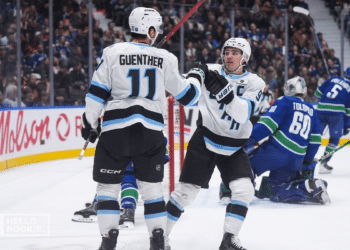 Clayton Keller of the Utah Mammoth skates against the Edmonton Oilers at Delta Center