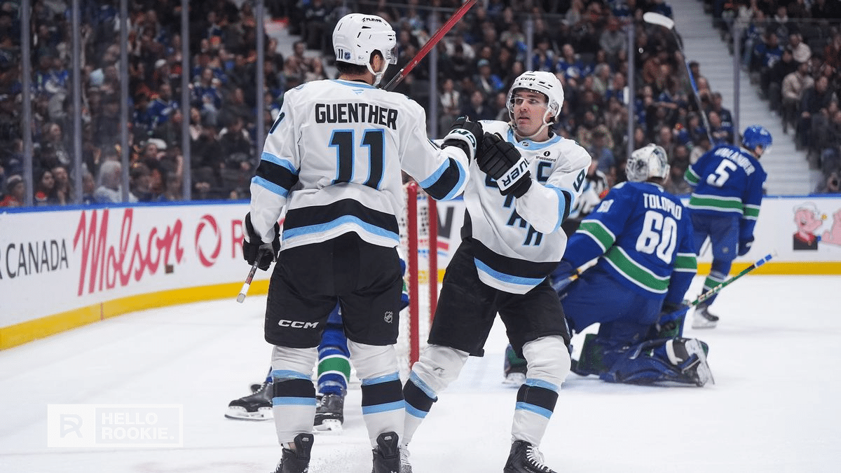 Clayton Keller of the Utah Mammoth skates against the Edmonton Oilers at Delta Center