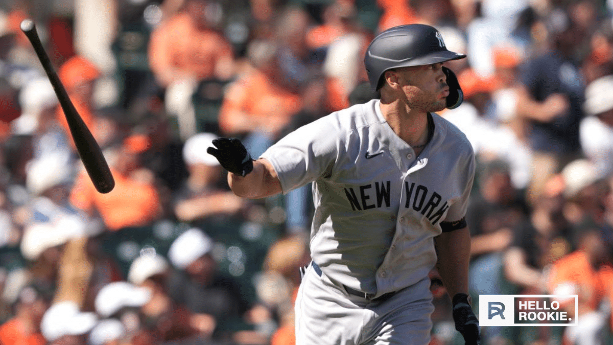 Giancarlo Stanton of the New York Yankees swings against the Oakland Athletics at Yankee Stadium