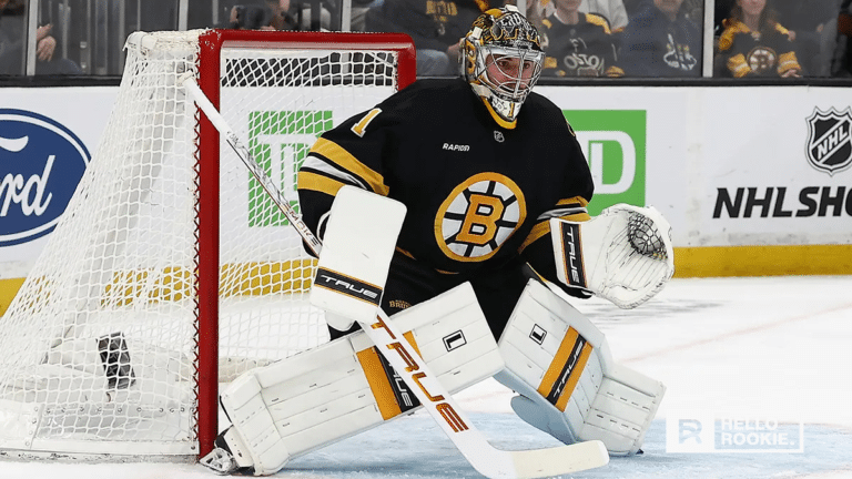 Jeremy Swayman guards the net for the Boston Bruins against the Florida Panthers.