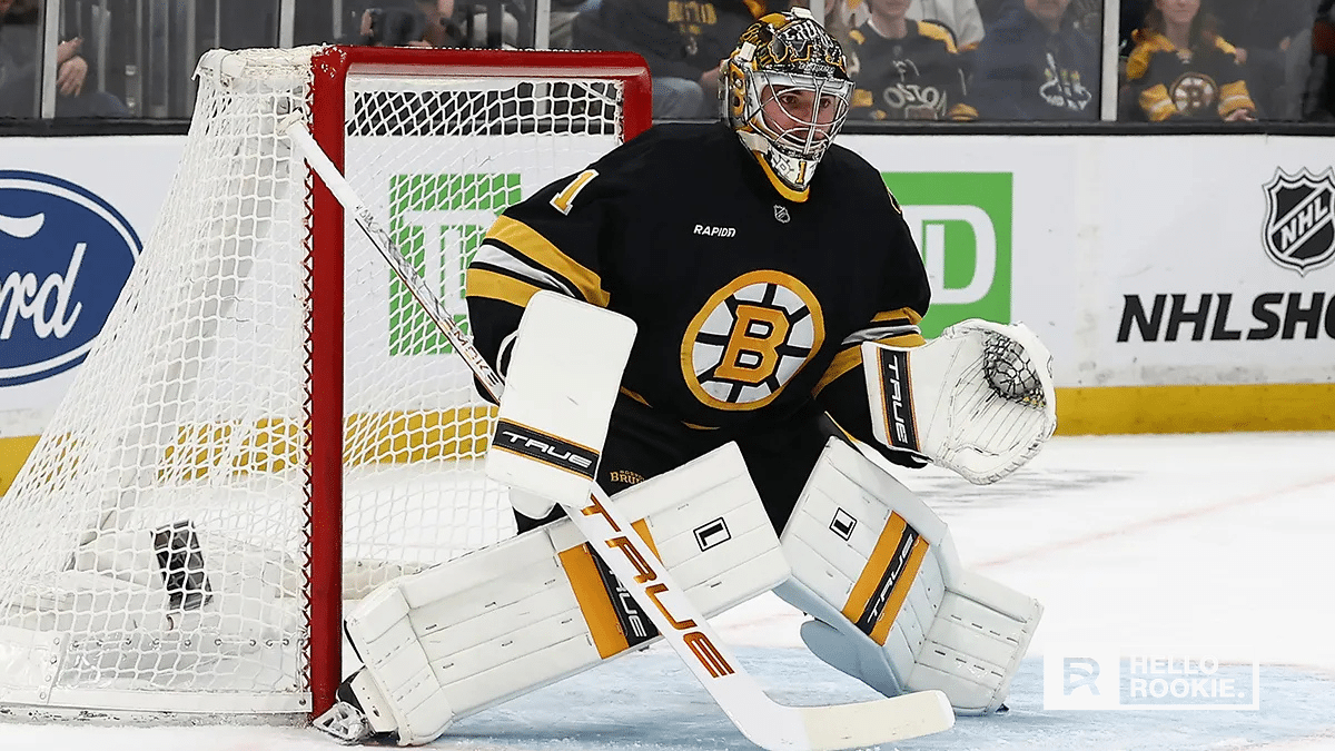 Jeremy Swayman guards the net for the Boston Bruins against the Florida Panthers.