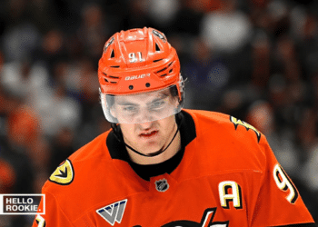 Leo Carlsson of the Anaheim Ducks controls the puck against the St. Louis Blues at Honda Center