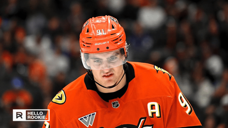 Leo Carlsson of the Anaheim Ducks controls the puck against the St. Louis Blues at Honda Center
