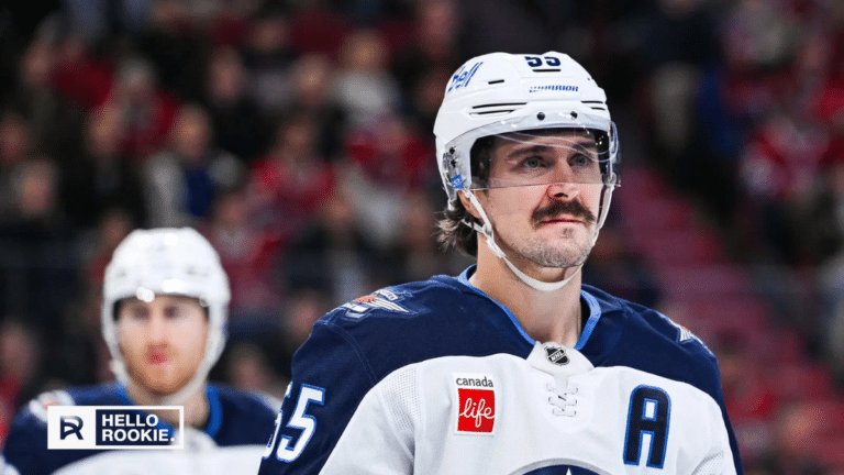 Mark Scheifele of the Winnipeg Jets controls the puck against the Seattle Kraken at Canada Life Centre