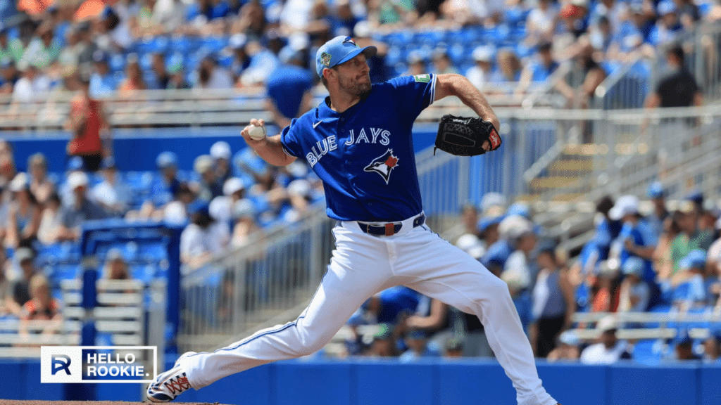 Max Scherzer of the Toronto Blue Jays pitches at Rogers Centre against the Los Angeles Dodgers