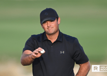 Patrick Reed lines up a putt during the 2026 Masters Tournament at Augusta National