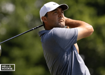 Scottie Scheffler lines up a shot at Augusta National during the Masters