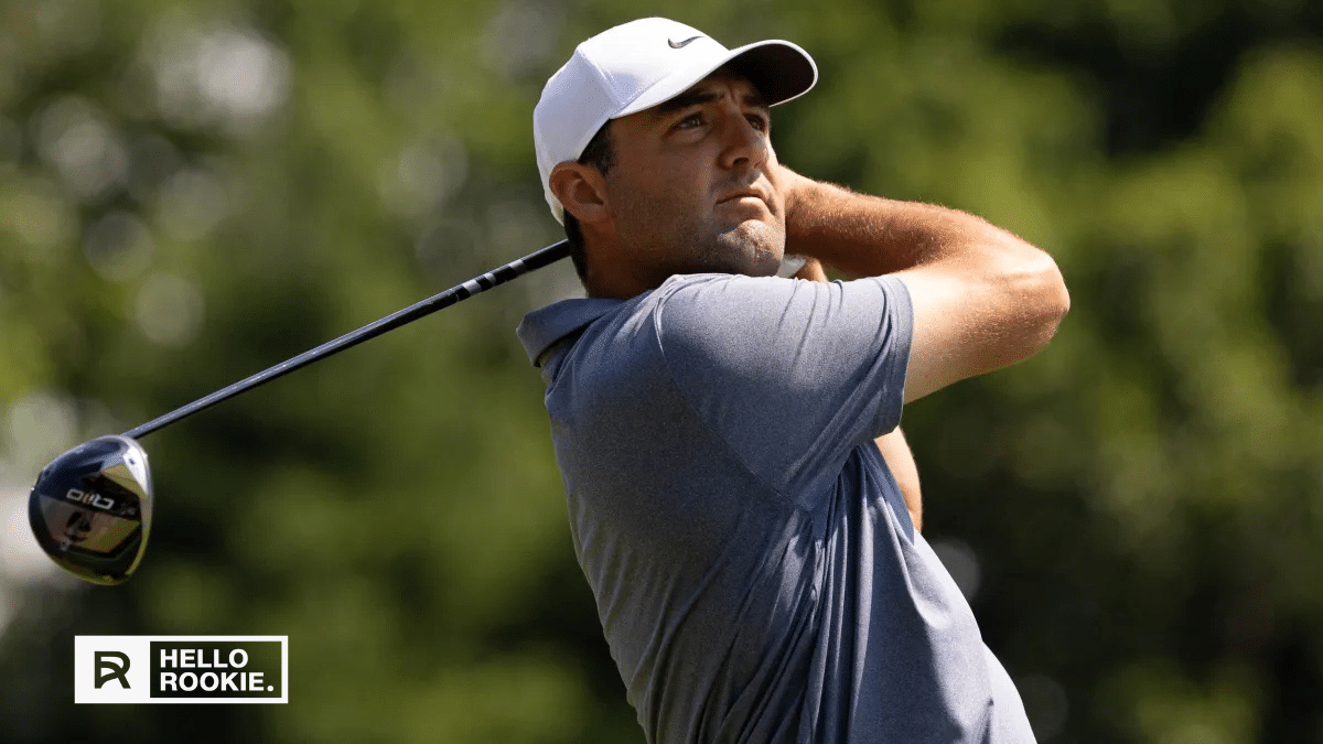 Scottie Scheffler lines up a shot at Augusta National during the Masters