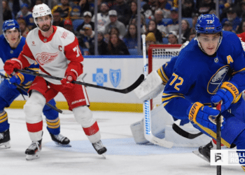 Tage Thompson of the Buffalo Sabres drives the offense against the New York Rangers at Madison Square Garden