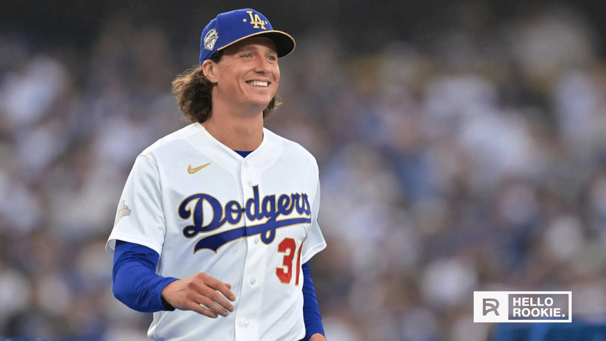 Tyler Glasnow of the Los Angeles Dodgers pitches against the Texas Rangers at Dodger Stadium
