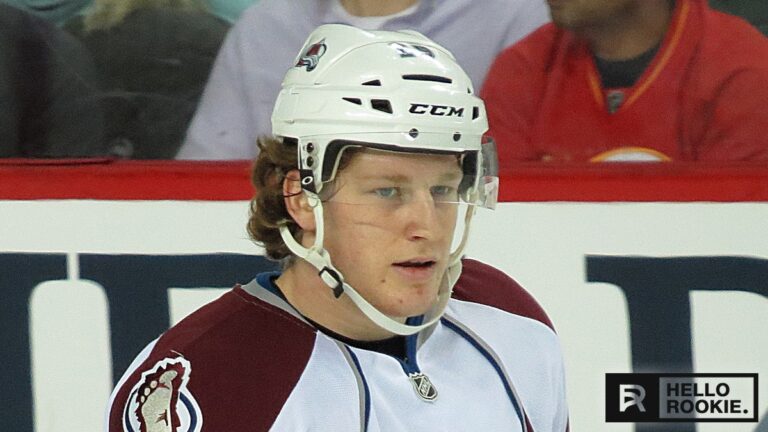 Nathan MacKinnon skating for the Colorado Avalanche during an NHL game