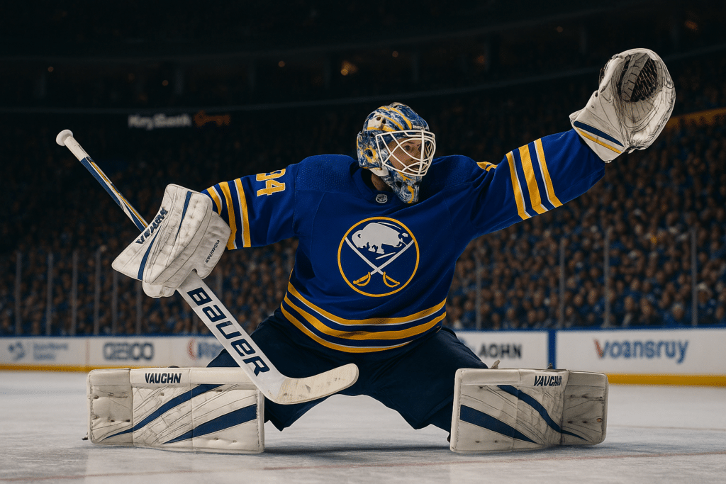 Alex Lyon making a save for the Buffalo Sabres