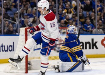 Alex Newhook scoring in playoff action for the Montreal Canadiens