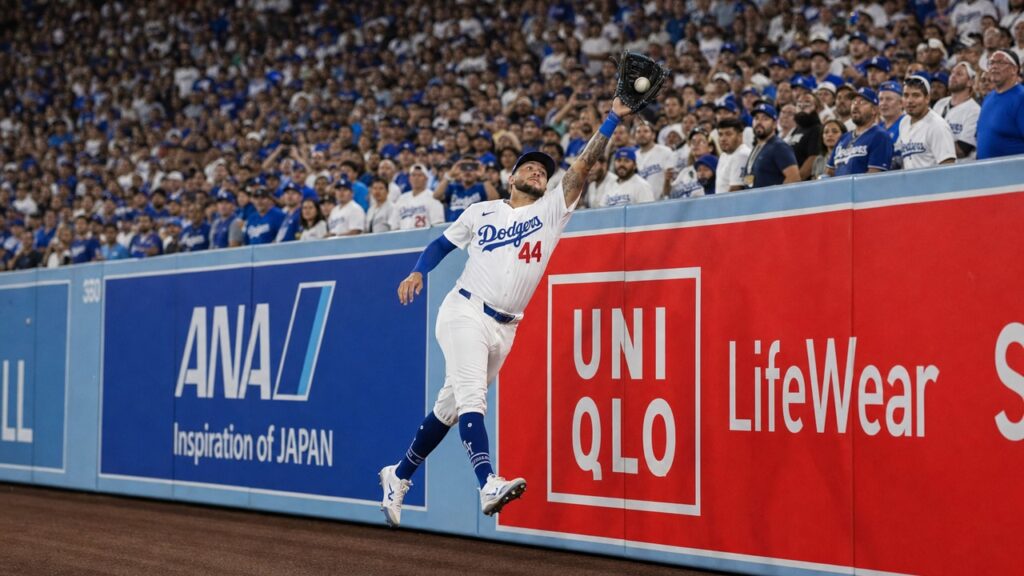 Andy Pages of the Los Angeles Dodgers making a play against the Philadelphia Phillies