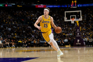 Austin Reaves driving for the Los Angeles Lakers