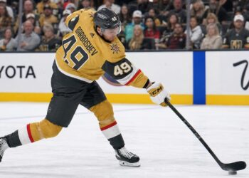 Ivan Barbashev winding up for a slap shot for the Vegas Golden Knights