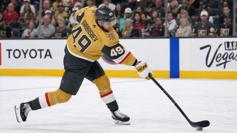 Ivan Barbashev winding up for a slap shot for the Vegas Golden Knights