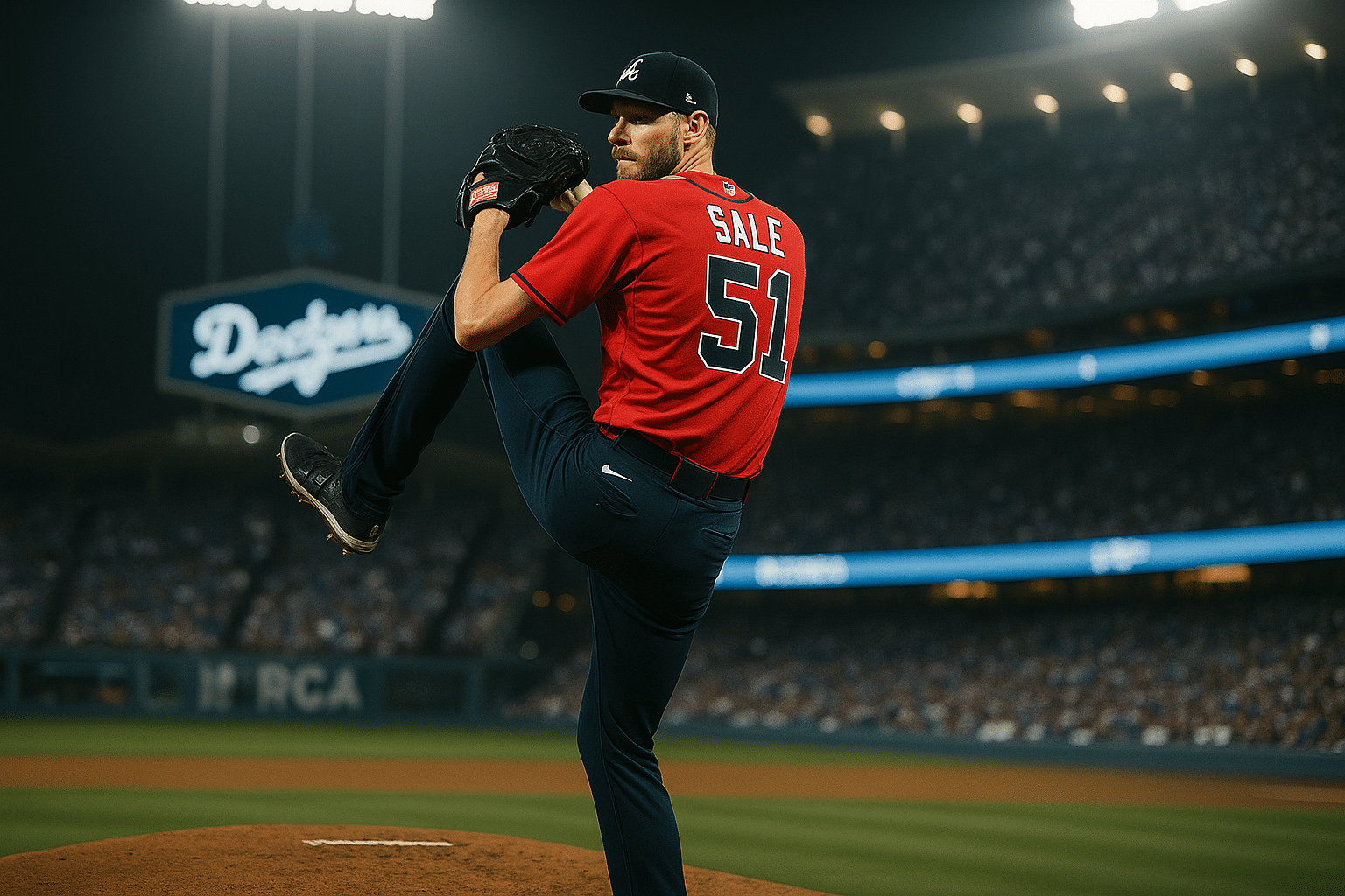Chris Sale pitching for the Atlanta Braves at Dodger Stadium