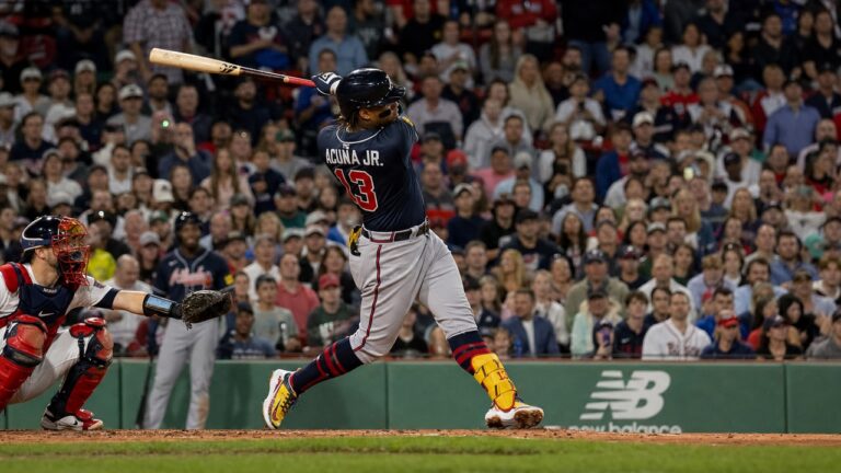 Ronald Acuna Jr. mid-swing for the Atlanta Braves at Fenway Park