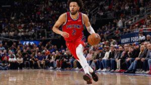 Cade Cunningham driving to the basket for the Detroit Pistons