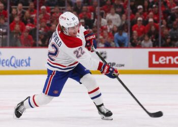 Cole Caufield shooting for the Montreal Canadiens at PNC Arena