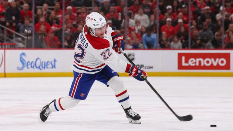 Cole Caufield shooting for the Montreal Canadiens at PNC Arena
