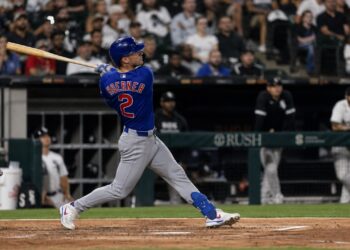 Nico Hoerner batting for the Chicago Cubs at Rate Field