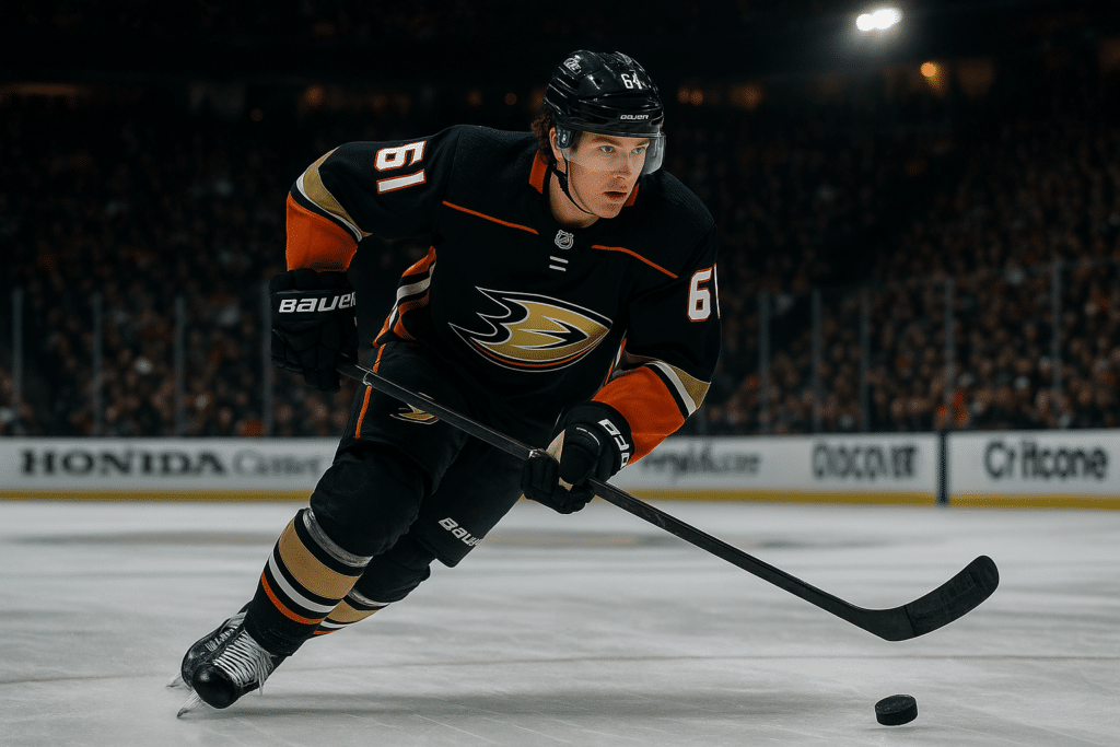 Cutter Gauthier skating with the puck for the Anaheim Ducks