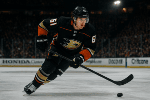 Cutter Gauthier skating with the puck for the Anaheim Ducks