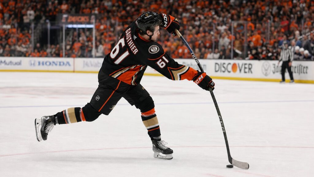 Cutter Gauthier shooting for the Anaheim Ducks in the 2026 NHL playoffs