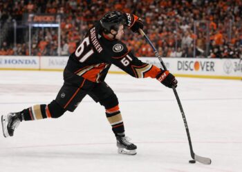 Cutter Gauthier shooting for the Anaheim Ducks in the 2026 NHL playoffs
