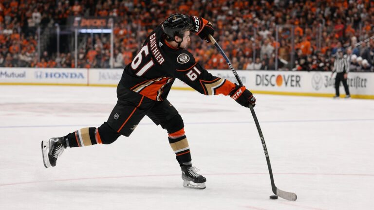 Cutter Gauthier shooting for the Anaheim Ducks in the 2026 NHL playoffs