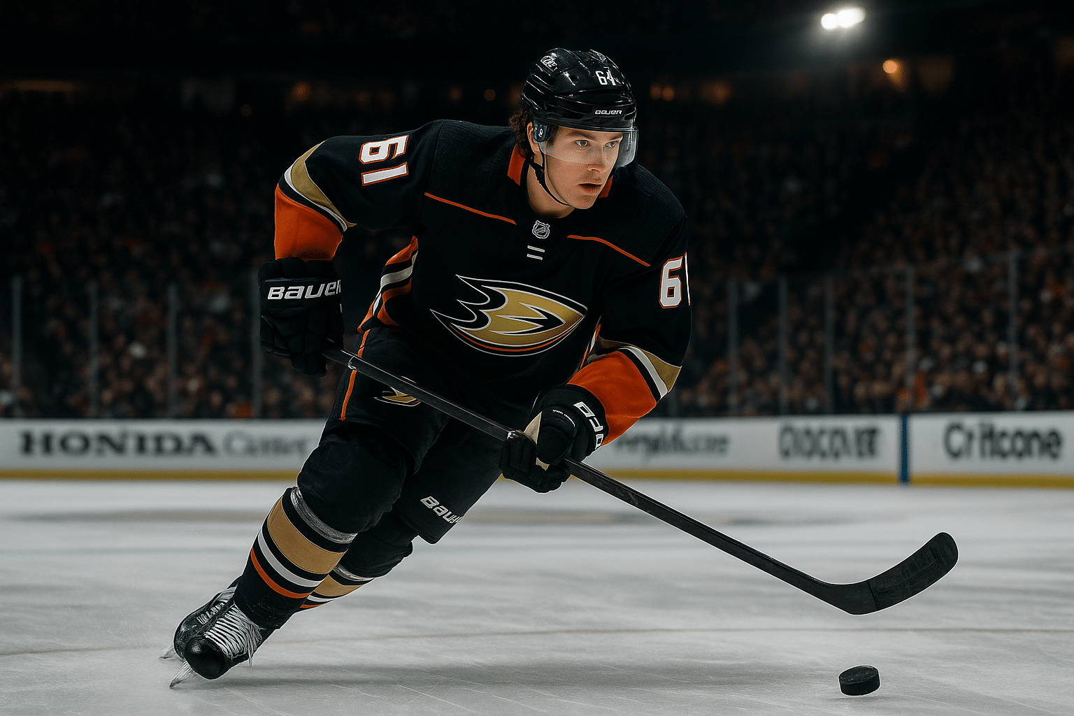 Cutter Gauthier skating with the puck for the Anaheim Ducks