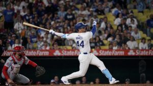 Andy Pages batting for the Los Angeles Dodgers at Angel Stadium