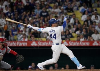Andy Pages batting for the Los Angeles Dodgers at Angel Stadium