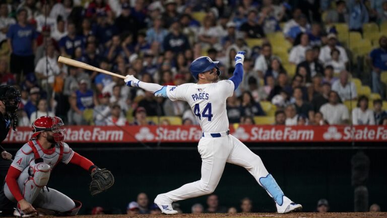 Andy Pages batting for the Los Angeles Dodgers at Angel Stadium