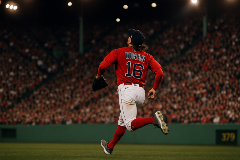 Jarren Duran tracking down a fly ball for the Boston Red Sox at Fenway Park
