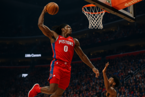 Jalen Duren dunking for the Detroit Pistons in the NBA Playoffs